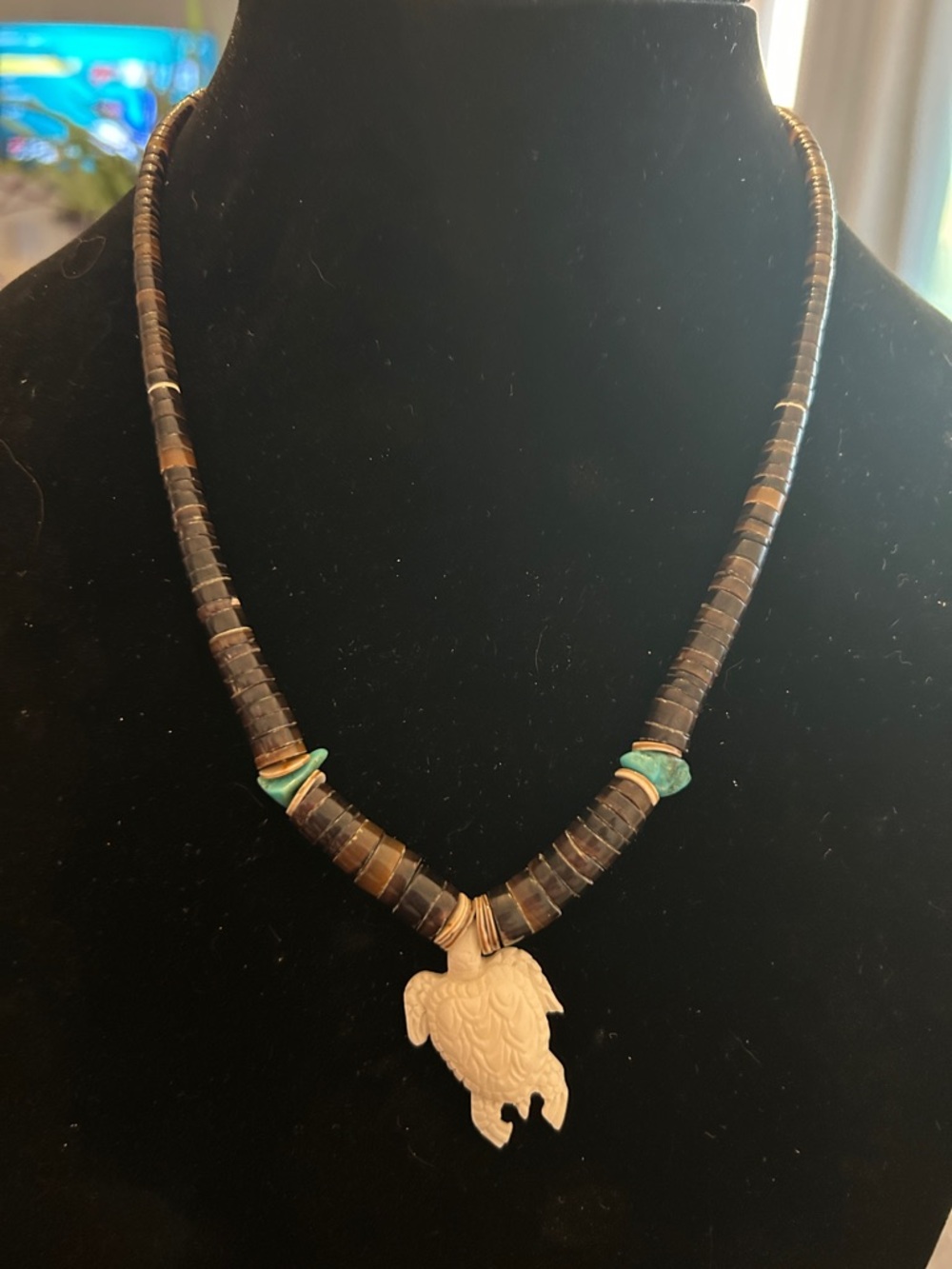 Handcrafted Turtle Pendant Fetish Necklace with Domingo Bone Turquoise Accents